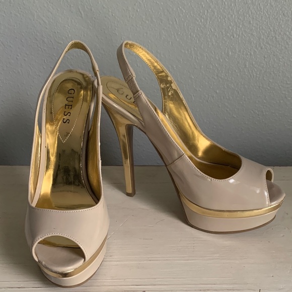 Guess Shoes - GUESS stiletto peep-toe sling back heels size 7 color nude/ gold